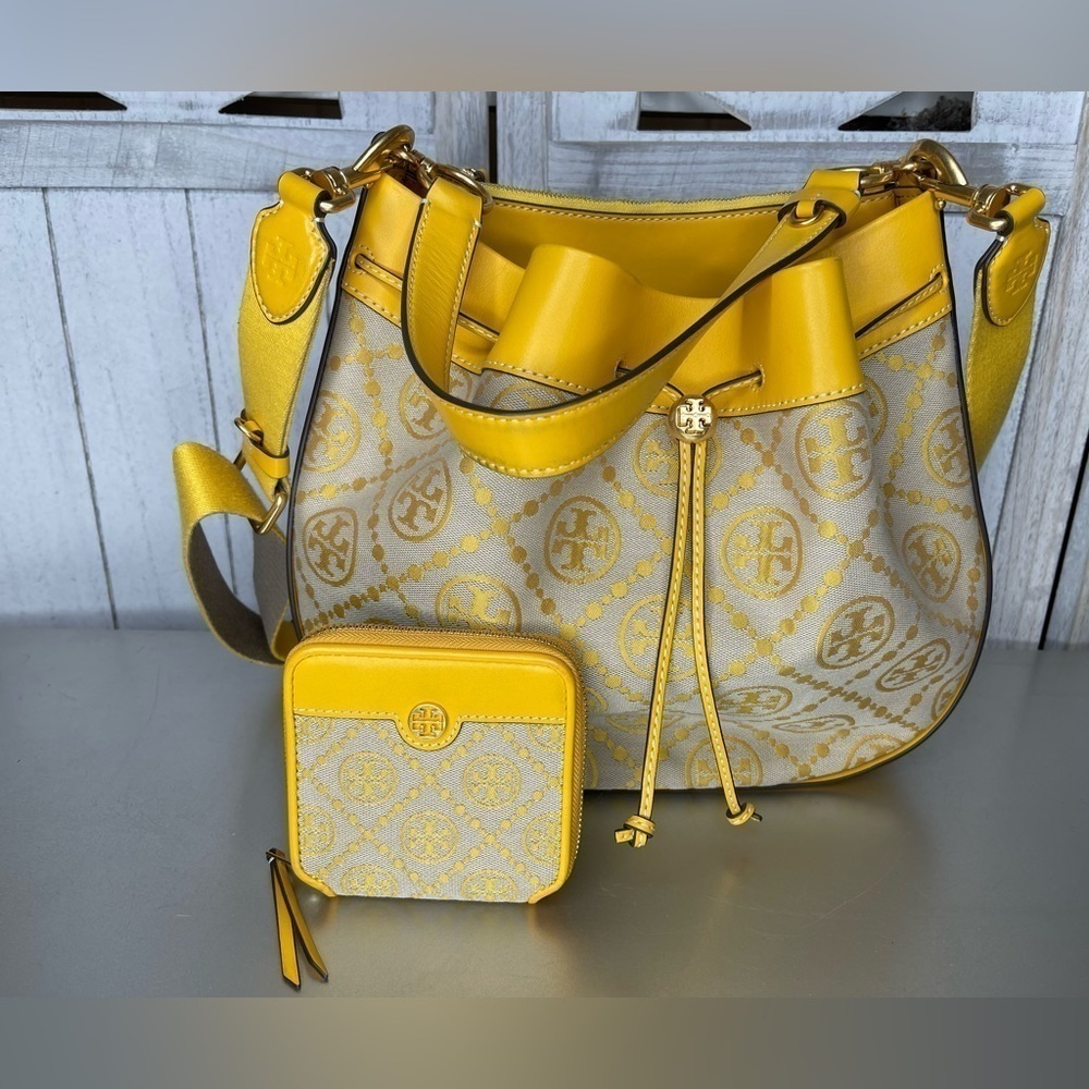 Tory Burch T Monogram Jacquard Drawstring Shoulder Bag Gold Yellow & Wallet EUC!